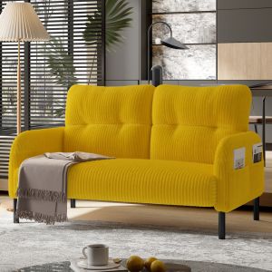 Sofá 2 plazas de pana amarillo con bolsillo lateral y patas de metal