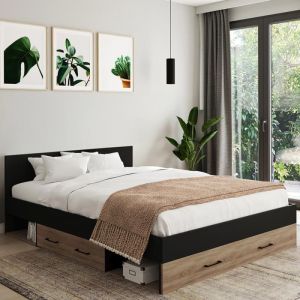 Cama doble con almacenaje de haya negra - 140 x 190 cm