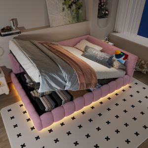 Sofá cama 140x200cm con LED, usb y almacenaje hidráulico tela – rosa