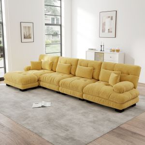 Sofá modular en l de chenilla amarillo con otomana móvil para salón