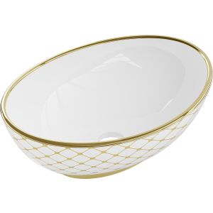 Lavabo cerámico sobre encimera, 40,5x33x14 cm, blanco/dorado
