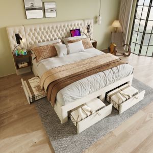 Cama tapizada 160x200 cm con mesitas, 4 cajones y usb terciopelo – beige