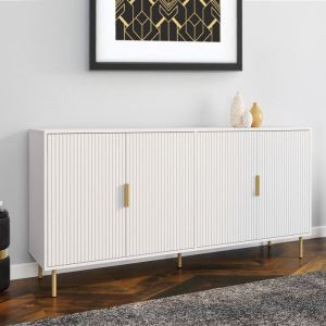 Aparador blanco dorado efecto listones, 4 puertas, 160 cm