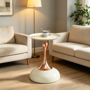 Mesa auxiliar redonda para salón dormitorio acero blanco y dorado
