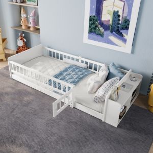Cama individual 90x200cm con almacenaje y barandilla pino y mdf – blanco