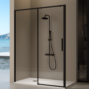 Frontal de ducha + puerta corredera delta negro  156-157 cm