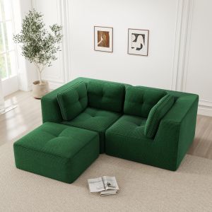 Sofá modular en l de pana verde 2 plazas con reposapiés movible
