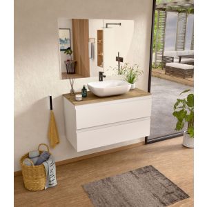 Mueble baño suspendido 100 cm blanco/roble, lavabo y espejo bellobath