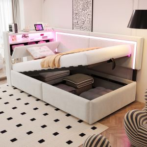 Sofá cama tapizado 90x200 cm con LED usb y almacenaje terciopelo – beige