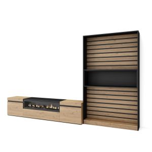 Muebles salón, 310x35x186cm, roble y negro, chimenea eléctrica rf2864
