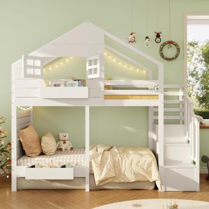Litera infantil 90x200cm con ventana, escalera, cajones, blanca