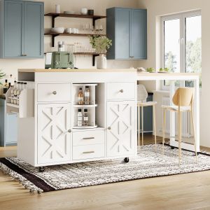 Isla de cocina con mesa extensible y ruedas mdf blanco 91x110-180x40cm