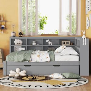 Canapé cama 140x200cm con lit gigogne 90x190cm usb y almacenaje gris