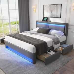 Cama doble tapizada 140x200cm con LED, usb y 4 cajones pu –  gris
