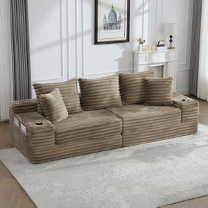 Sofá cama modular pana caqui 273 cm con respaldo alto y portavasos