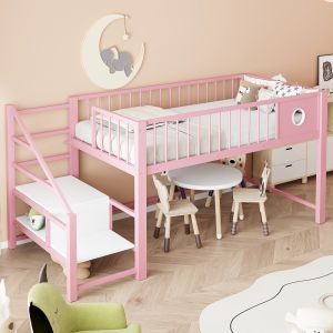 Cama elevada 90x200cm con escalera de almacenaje metal – rosa