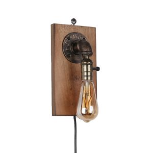 Aplique pared industrial placa madera natural, cable y enchufe E27