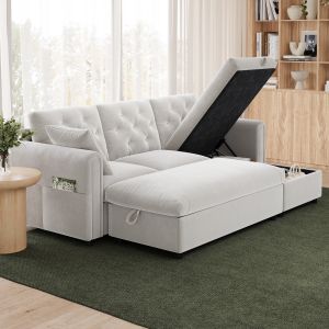 Sofá chaise longue de terciopelo beige 3 plazas con almacenaje y otomana