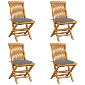 vidaXL sillas de jardín 4 uds madera maciza de teca y cojines grises