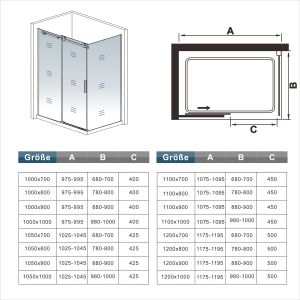 Mampara de ducha corredera frontal y panel lateral,cromado,1100x800x1950mm