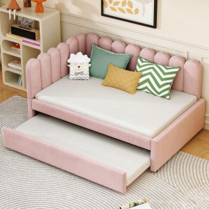 Cama nido en l 140x200cm con respaldo, terciopelo – color rosa