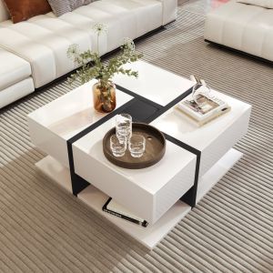 Mesa de centro cuadrada con 4 cajones blanco brillo 36x78x78cm
