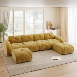 Sofá modular en u de chenilla amarillo 4 plazas con 2 pufs para salón