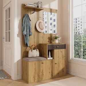 Mueble recibidor espejo banco cajón negro madera 185,5x110x37cm