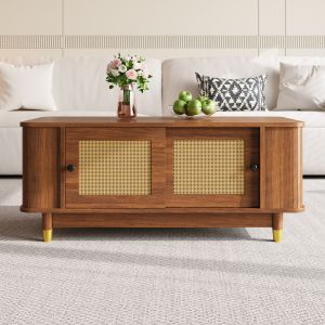 Mesa de centro con puertas correderas de ratán mdf nogal 42x100x50cm