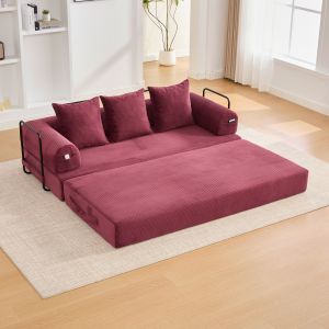 Sofá modular plegable de pana rojo vino con bolsillo lateral y 3 cojines