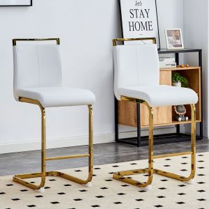 Taburete de bar polipiel blanco set 2 patas doradas reposapiés