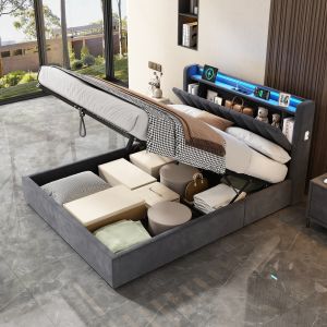 Cama 140x200cm con canapé hidráulico, cabecero reversible, LED, usb - gris