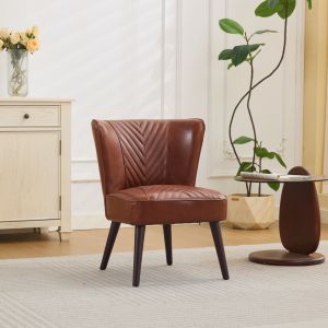 Sillón individual cuero marrón sin brazos con base de madera