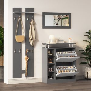 Mueble recibidor con zapatero espejo y 2 paneles gris 97x80x25cm