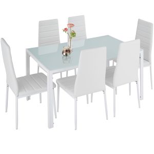 Tectake 7pzas comedor acero cuero sintético mesa vidrio prot, blanco/blanco