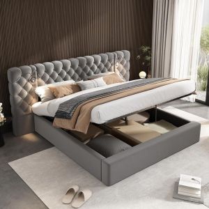 Cama baúl 160x200cm terciopelo con cabecero acolchado gris