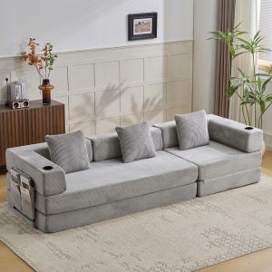 Sofá plegable de pana gris con posavasos y bolsillos laterales de 3 plazas
