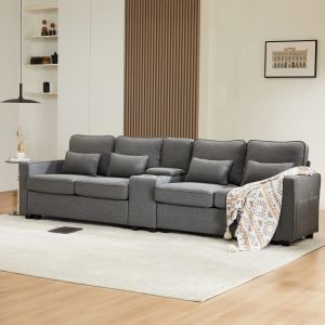 Sofa 4 plazas lino gris oscuro con consola usb portavasos y cojines