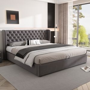 Cama 160x200cm con sistema hidráulico y tapizado en terciopelo gris