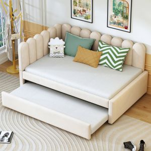 Cama nido en l 140x200cm con respaldo, terciopelo – color beige
