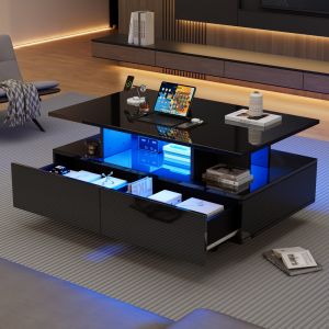 Mesa de centro con LED y 2 cajones aglomerado negro 41x90x55cm