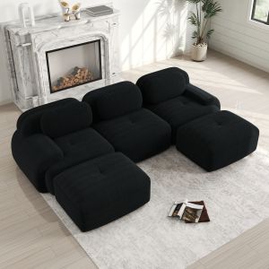 Sofá modular en u de pana negro sin estructura con reposabrazos anchos