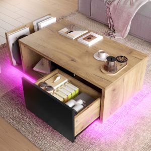 Mesa de centro retro con LED madera natural 38x100x53cm