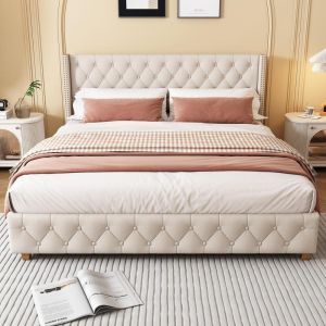 Cama doble 180x200 beige lino con cabecero capitoné