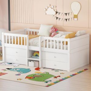 Cama semialta 90x200 cm con 4 cajones, escalera y barrera, blanca
