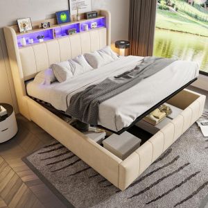 Cama canapé LED usb-c 160x200cm con cabecero con almacenaje beige