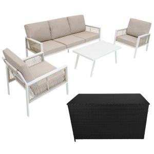 Conjunto de aluminio 5 plazas (4piezas)  blanco + caja en ratán negro 582l