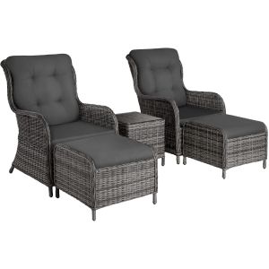 Conjunto de ratán, 2 sillones, 2 taburetes, cojines, 1 mesa, gris