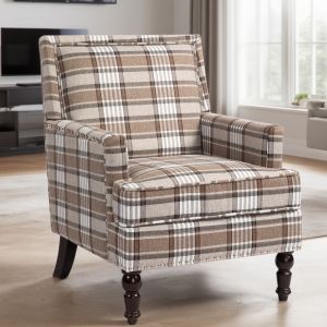 Sillón individual de algodón y lino marrón y blanco para salón