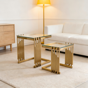 Mesa auxiliar set de 2 cuadradas metal y vidrio dorado transparente
